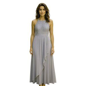 Adrianna Papell NWT Silver Lace Illusion Halter Stretch Lace Gown Sz 16